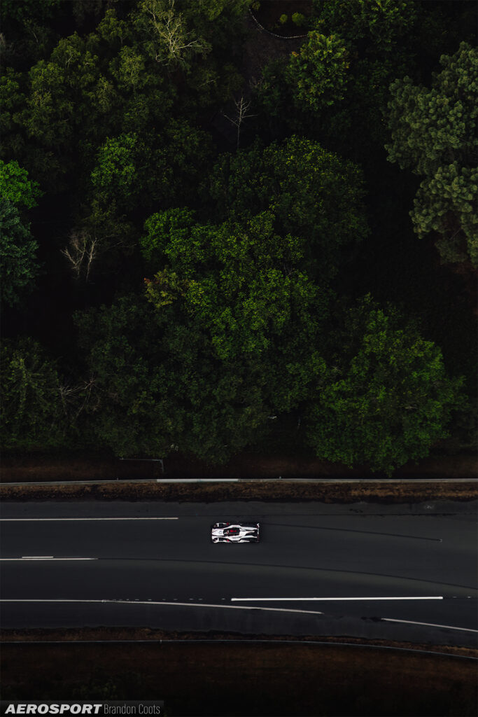 Aerial image of Oreca 07 LMP2 going down the Mulsanne Straight