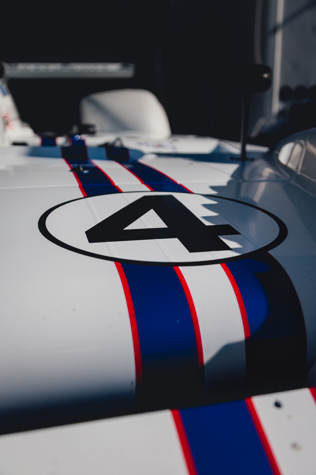 Riley & Scott Mk IIIC-004 historic event appearance IMSA Classic paddock, detailed shot of the no.4 decal