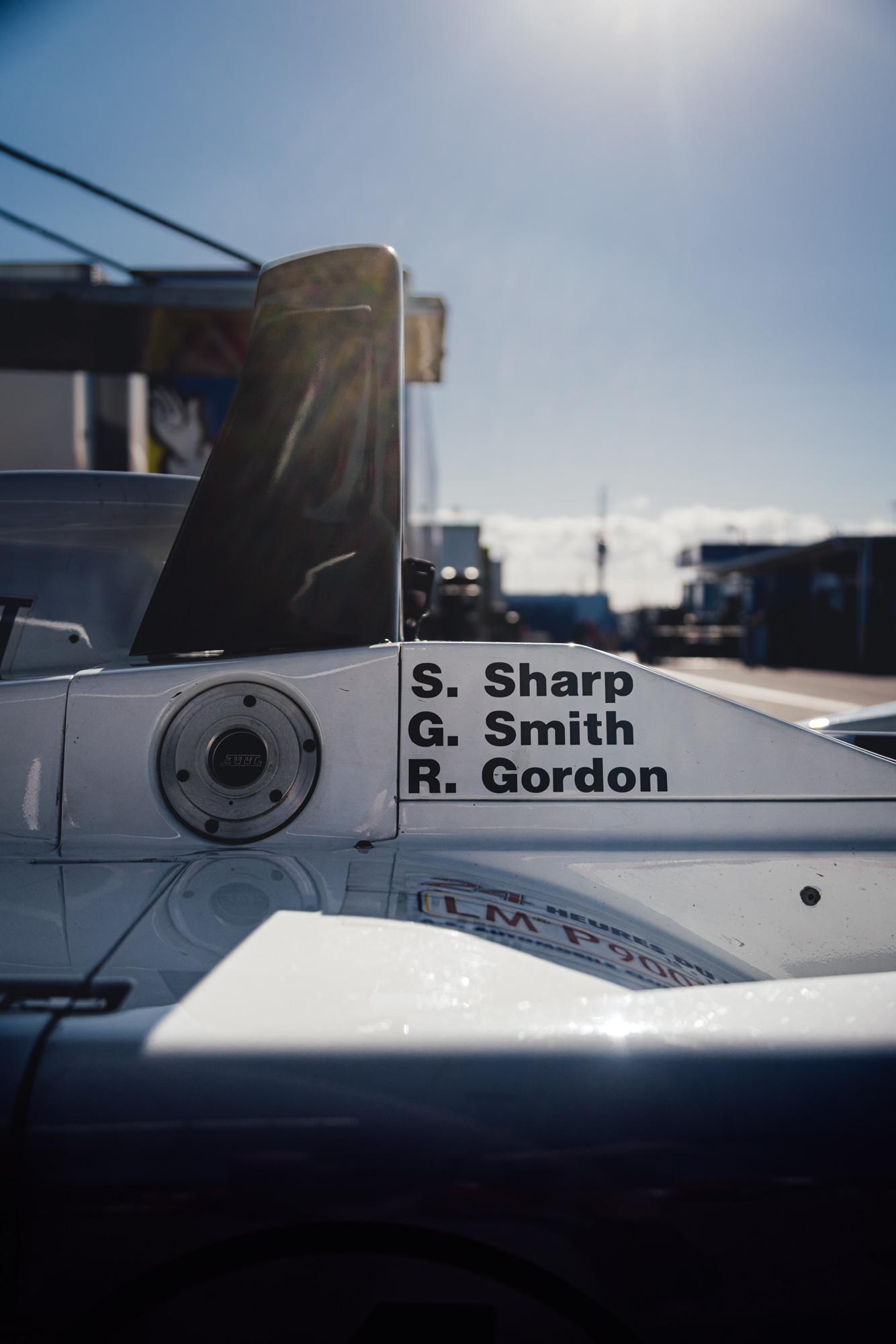 Riley & Scott Mk IIIC-004 historic event appearance IMSA Classic paddock, detail photo showing the drivers names